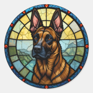 Sticker Rond Illustration de style vitrail de Malinois belge