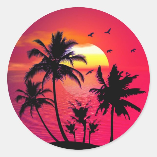 Sticker Rond Illustration des palmiers couchés de soleil de la  (Devant)