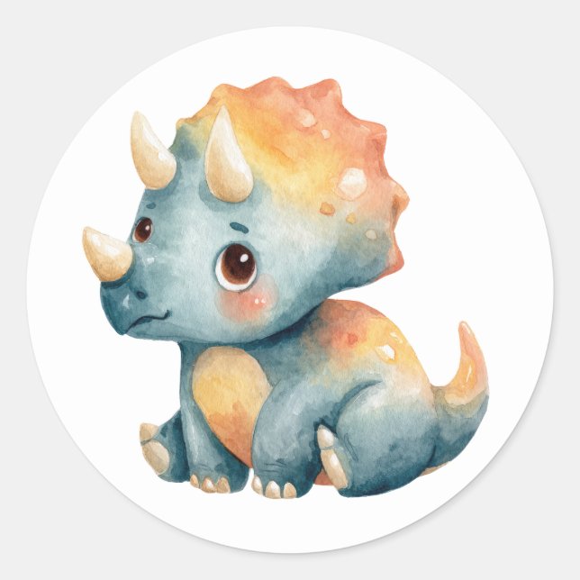Sticker Rond Illustration Dino de Tricératops à Aquarelle Cute (Devant)