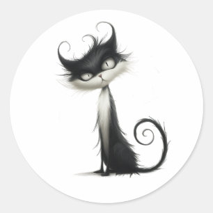 Sticker Rond Illustration du chat espiègle noir blanc lunatique