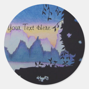 Sticker Rond Illustration du paysage du coucher du soleil sur l