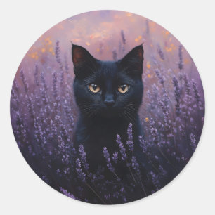 Sticker Rond Illustration d'un chat noir dans un champ de lavan