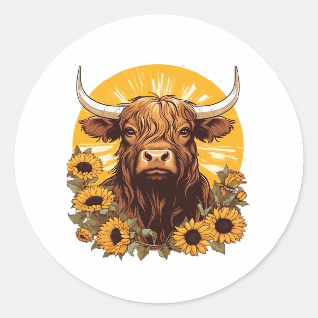 Sticker Rond Illustration d'une vache des Highlands avec Sunflo (Devant)