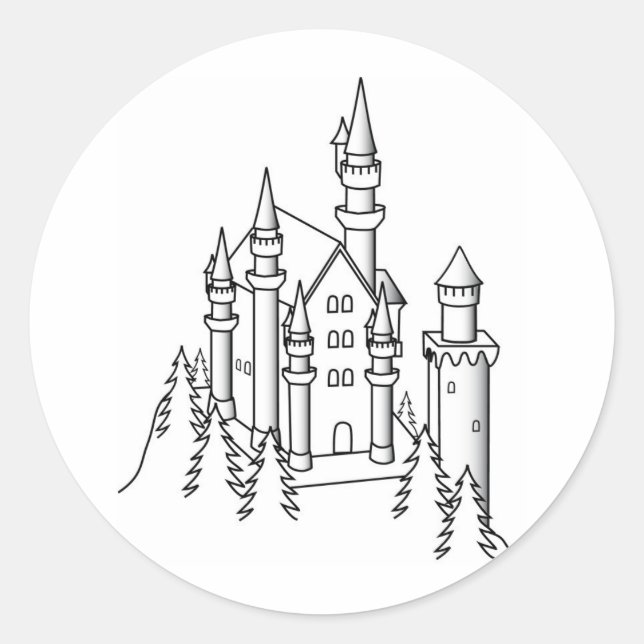 Sticker Rond Illustration en noir et blanc d'un château entouré (Devant)