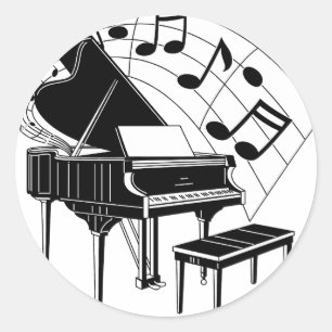 Sticker Rond Illustration noire/blanche de piano à queue et de