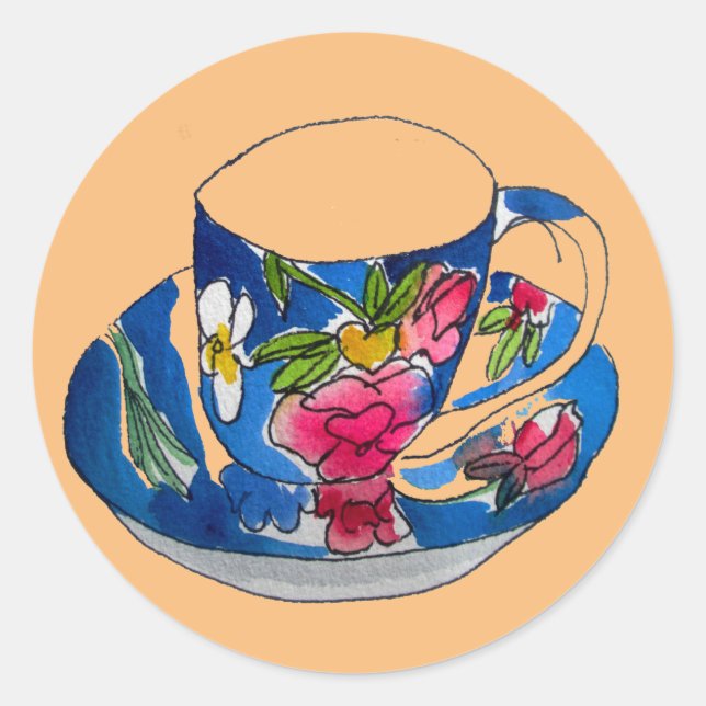Sticker Rond illustration originale de l'aquarelle Teacups vint (Devant)