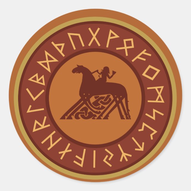 Sticker Rond Illustration Viking Runes, Odin et Sleipnir (Devant)