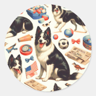 Sticker Rond Illustration vintage Collie Bordure