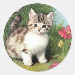 Sticker Rond Illustration vintage de chat avec Fleurs rouges