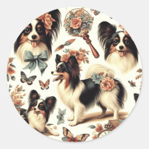 Sticker Rond Illustration Vintage de chien Papillon