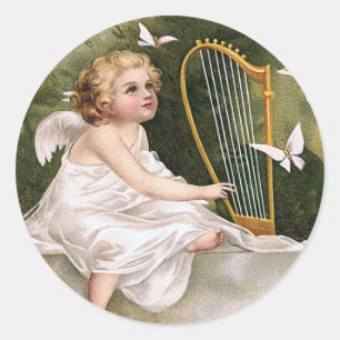 Sticker Rond Illustration Vintage de l'ange et de la harpe