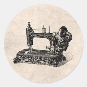 Sticker Rond Illustration vintage de machine à coudre de 1800s