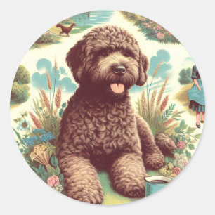 Sticker Rond Illustration vintage Lagotto Romagnolo