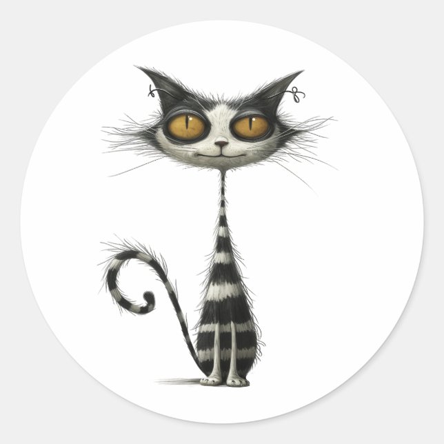 Sticker Rond Illustration Whimsical Black White Striped Cat (Devant)