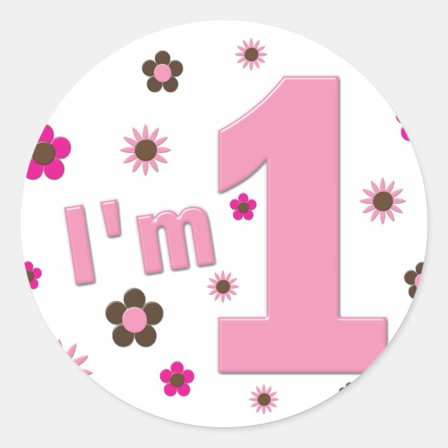 Sticker Rond "I'm 1" Fleurs roses et Brown Anniversaire (Devant)