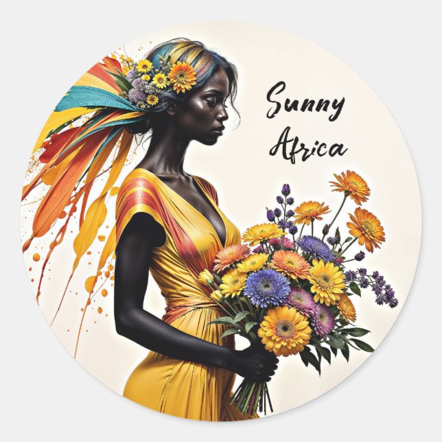 Sticker Rond Imaginaire Africaine fille jaune beige beige clair (Devant)