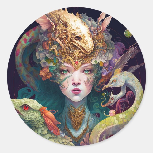 Sticker Rond Imaginaire Art Dragon Goddess Queen (Devant)