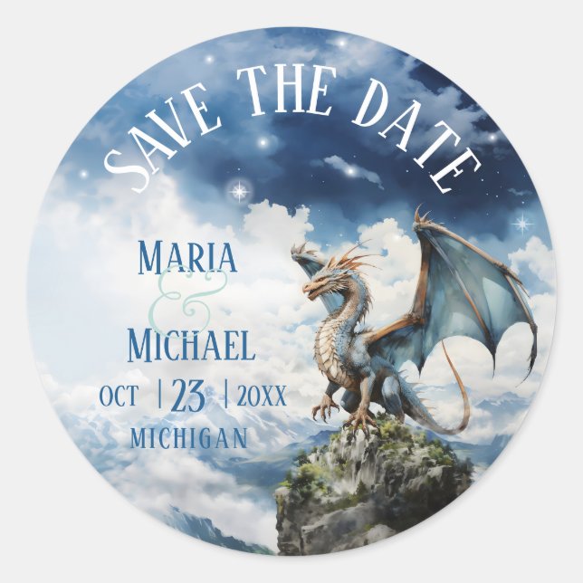 Sticker Rond Imaginaire Blue Dragon Wedding Enregistrer la date (Devant)