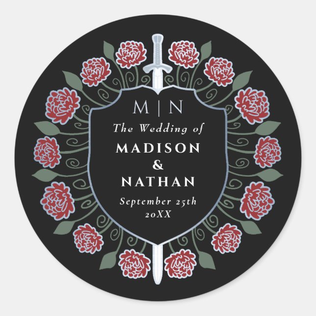 Sticker Rond Imaginaire médiéval Red Sword Shield Mariage Monog (Devant)