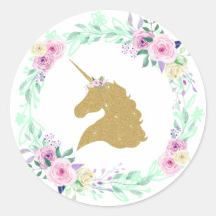 Sticker Rond Imaginaire Unicorn Floral Gold