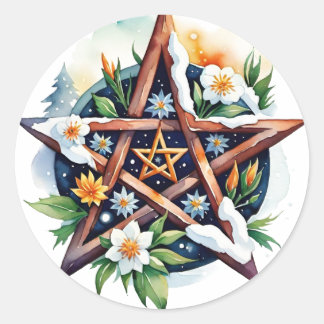 Sticker Rond Imboly Floral Snowy Pentacle Wiccan Holiday