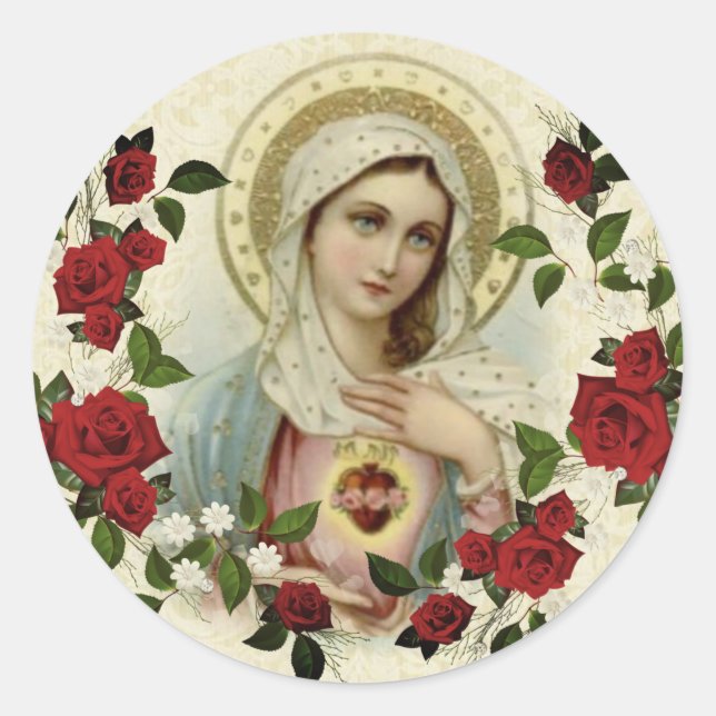 Sticker Rond Immaculé Coeur Vierge Marie Roses rouges (Devant)