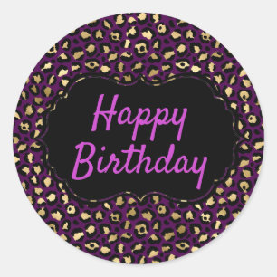 Sticker Rond Impression léopard violet et or pour anniversaire
