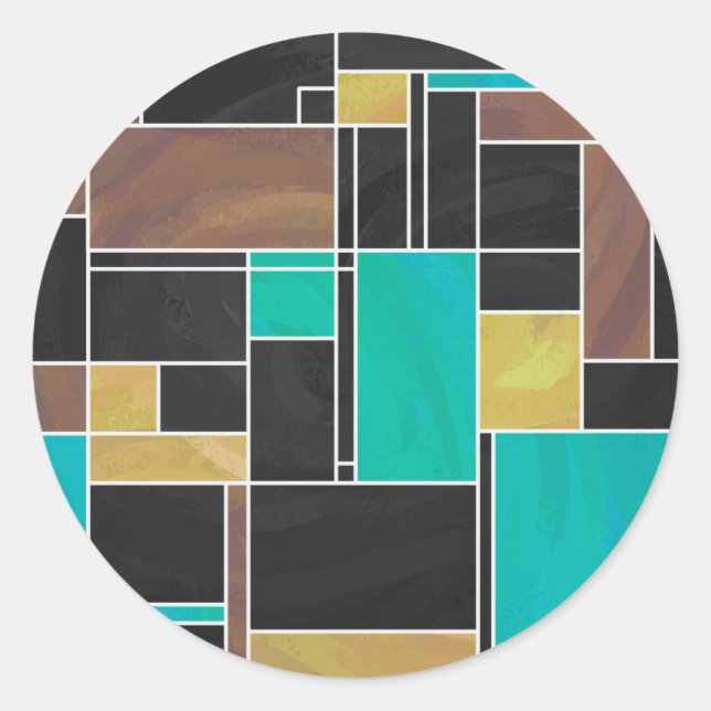 Sticker Rond Impression noire Brown Turquoise Mondrian (Devant)