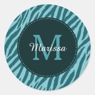 Sticker Rond Impression Zèbre Turquoise avec Monogramme et nom
