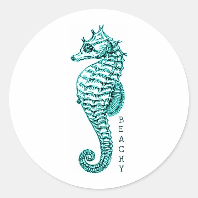 STICKER ROND IMPRIMANTE PLAGE SEAHORSE EN TURQUOISE (Devant)