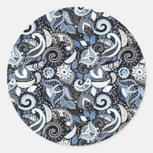 Sticker Rond Imprimé élégant de Paisley blanc et bleu pour fête