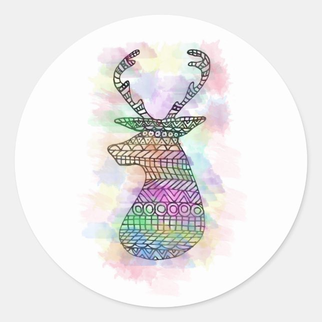 STICKER ROND IMPRIMER HIPSTER TRIBAL DEER EN COULEUR D'EAU (Devant)