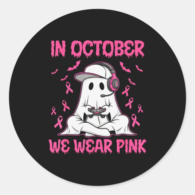 Sticker Rond In October We Wear Nk Breast Cancer Gaming Ghost Y (Devant)