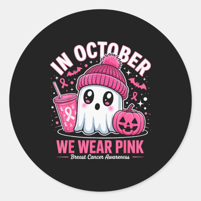 Sticker Rond In October We Wear Nk Ghost Witch Breast Cancer Aw (Devant)