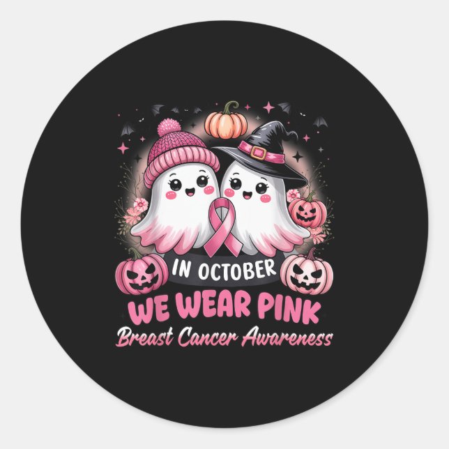 Sticker Rond In October We Wear Nk Ghost Witch Breast Cancer Aw (Devant)