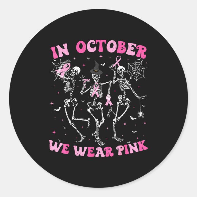 Sticker Rond In October We Wear Nk Halloween Breast Cancer Skel (Devant)