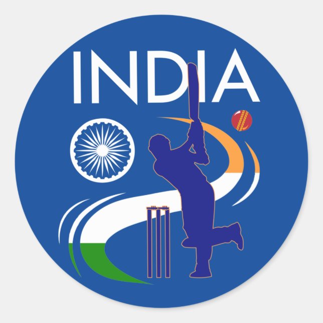 Sticker Rond Inde Cricket avec Drapeau Indien Pinceau Cadeau (Devant)