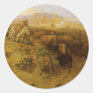 Sticker Rond Indiens vintages, Chasse au bison par CM Russell
