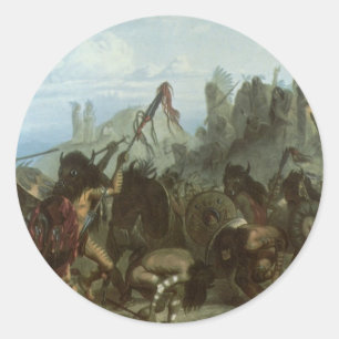 Sticker Rond Indiens vintages, Danse de Bison par Karl Bodmer
