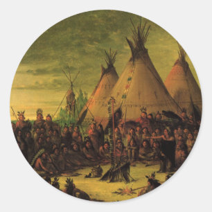 Sticker Rond Indiens vintages, Sioux War Council par Catlin