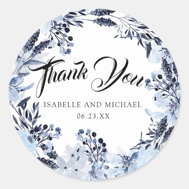 Sticker Rond Indigo Garden Blue Floral Mariage Merci (Devant)