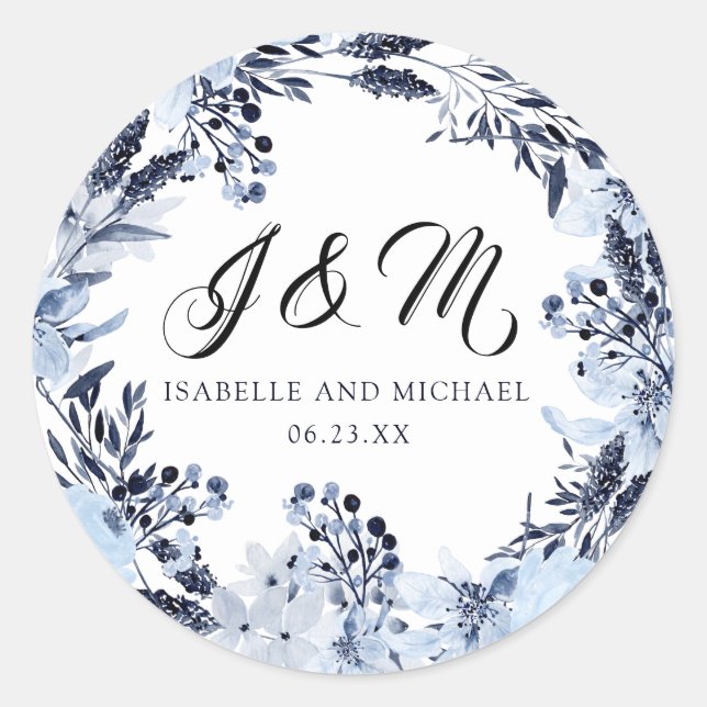Sticker Rond Indigo Garden Monogramme Mariage initial Faveur (Devant)