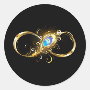 Sticker Rond Infinité avec plume de paon doré