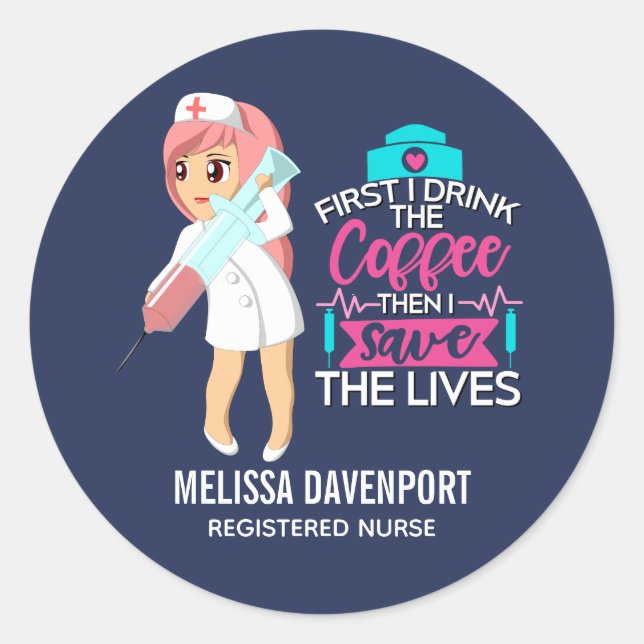 Sticker Rond Infirmière amusante qui dit avec une grande aiguil (Devant)