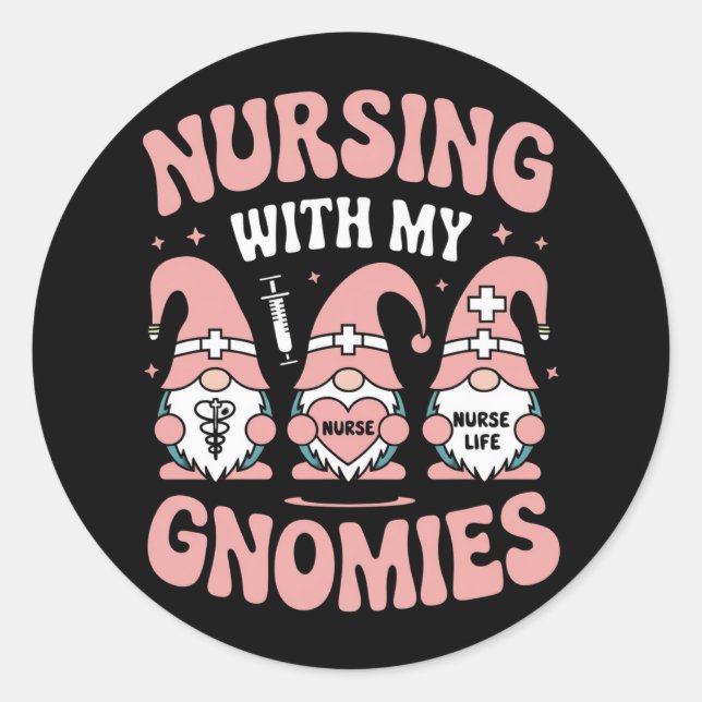 Sticker Rond Infirmière avec mes Gnomies Infirmière Gnome Vie V (Devant)