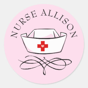 Sticker Rond Infirmière Casquette rose personnalisée