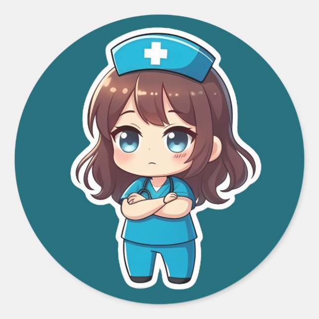 Sticker Rond Infirmière Chibi Originale - Calme Professionnel (Devant)