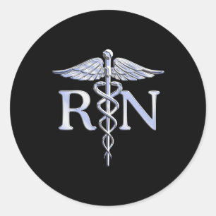 Sticker Rond Infirmière inscrite RN Silver Caduceus en noir