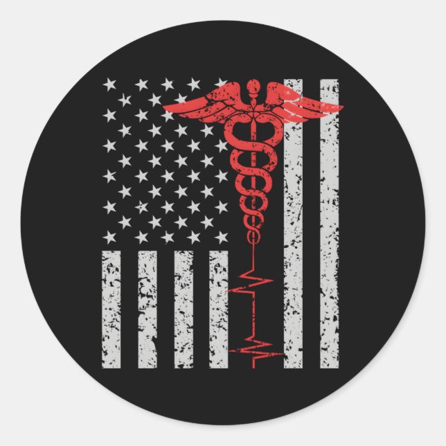 Sticker Rond Infirmière mince Red Line Caduceus American Flag (Devant)