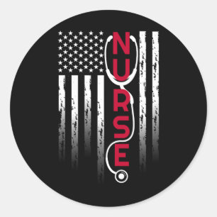 Sticker Rond Infirmière Patriotique Avec Drapeau Stethoscope Po